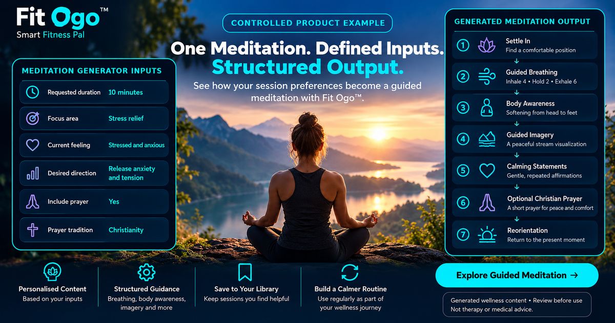 Fit Ogo™ controlled Meditation Generator example showing defined session inputs and the resulting structured guided-meditation sequence.