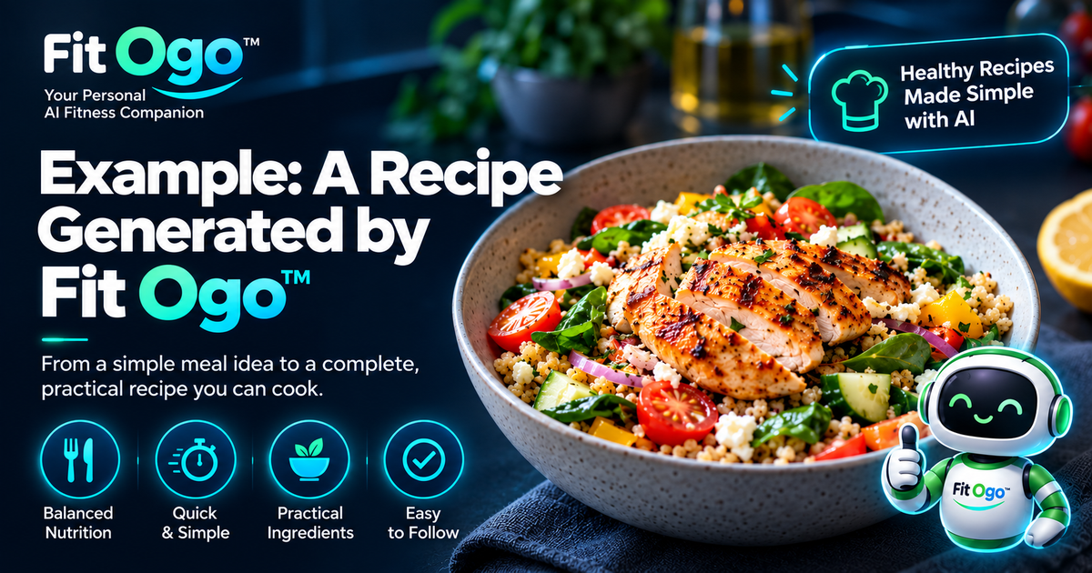 Fit Ogo™ generated recipe example showing the recipe inputs and generated output for Australian grilled chicken, sweet potato and balsamic salad.