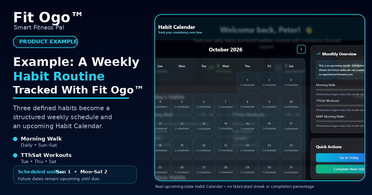 Fit Ogo™ Habit Tracker product example showing the upcoming October 2026 Habit Calendar for Morning Walk, TThSat Workouts, and MWF Morning Walks.