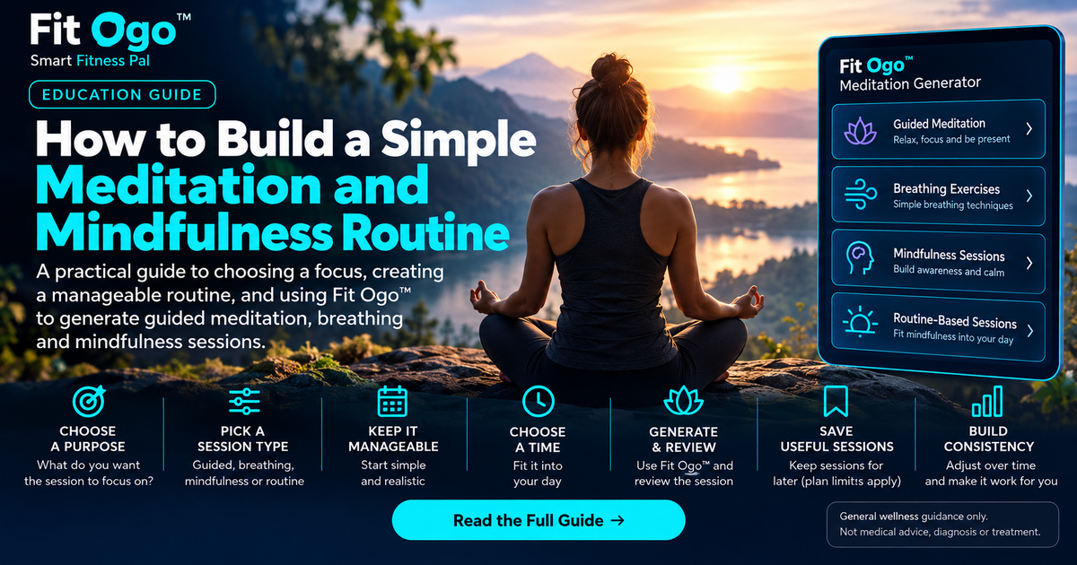 How to build a simple meditation and mindfulness routine with Fit Ogo™, showing guided meditation, breathing exercises, mindfulness sessions, routine planning, review, and saved sessions.