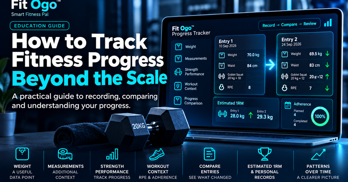 How to track fitness progress beyond the scale with Fit Ogo™, showing weight, measurements, strength performance, workout context, comparisons, and progress review.