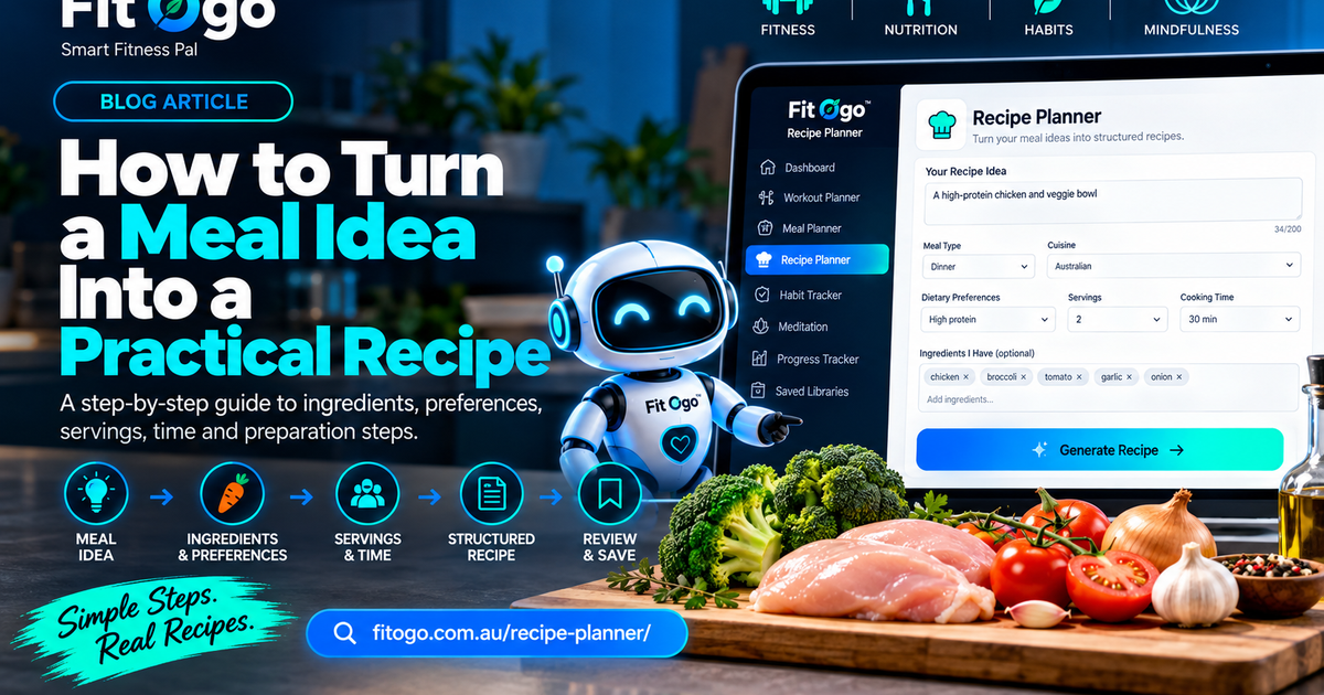 How to turn a meal idea into a practical recipe with Fit Ogo™, showing a structured recipe-planning workflow.